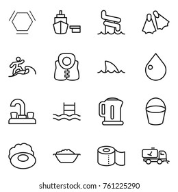 Thin line icon set : hex molecule, port, aquapark, flippers, surfer, life vest, shark flipper, drop, water tap, pool, kettle, bucket, soap, foam basin, toilet paper, home call cleaning