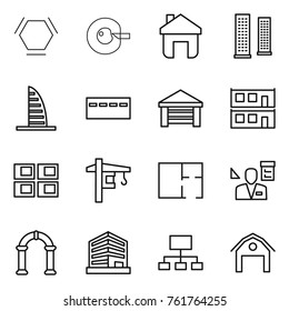 Thin line icon set : hex molecule, cell corection, home, skyscrapers, skyscraper, bunker, garage, modular house, panel, tower crane, plan, architector, arch, office, hierarchy, barn