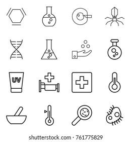 Thin line icon set : hex molecule, round flask, cell corection, virus, dna, chemical industry, uv cream, hospital, first aid, thermometer, mortar, viruses, microb