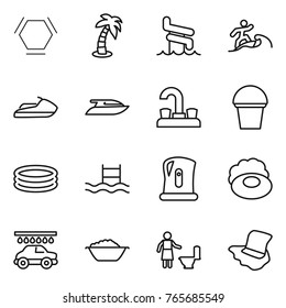 Thin line icon set : hex molecule, palm, aquapark, surfer, jet ski, yacht, water tap, bucket, inflatable pool, kettle, soap, car wash, foam basin, toilet cleaning, floor washing