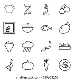 Thin line icon set : hex molecule, dna, modify, flippers, flower in window, cauldron, fish, lemon, berry, rain cloud, sickle, seedling, goose, pumpkin, carrot, ecology