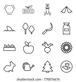 Thin line icon set : hex molecule, bio, dna modify, tent, shark flipper, trees, sickle, flour, seedling, apple, beet, flower, rabbit, watering can, spruce, ecology