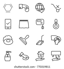 Thin line icon set : hex molecule, hand coin, delivery, do not trolley sign, mobile checking, curtain, mixer, thermometer, soap, scraper, scoop, wiping, liquid, housing, dryer