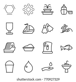 Thin line icon set : hex molecule, round around, fountain, port, fragile, sail boat, flippers, surfer, cruise ship, washing, kettle, fish, bucket, drop, hand and, water tap sink