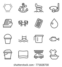 Thin line icon set : hex molecule, anchor, aquapark, diving mask, cruise ship, palm hammock, inflatable mattress, drop, bucket, pool, measuring cup, fish, foam, sponge, car wash, handle washing