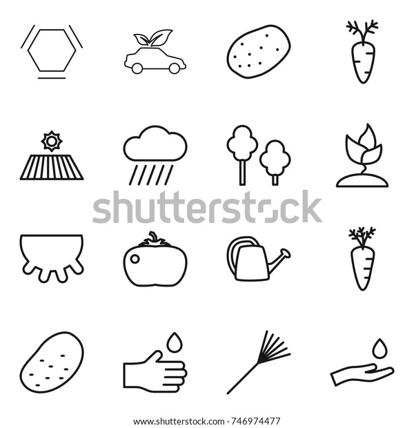 thin line icon set : hex molecule, eco car,\
potato, carrot, field, rain cloud, trees, sprouting, udder, tomato,\
watering can, hand drop, rake,\
and