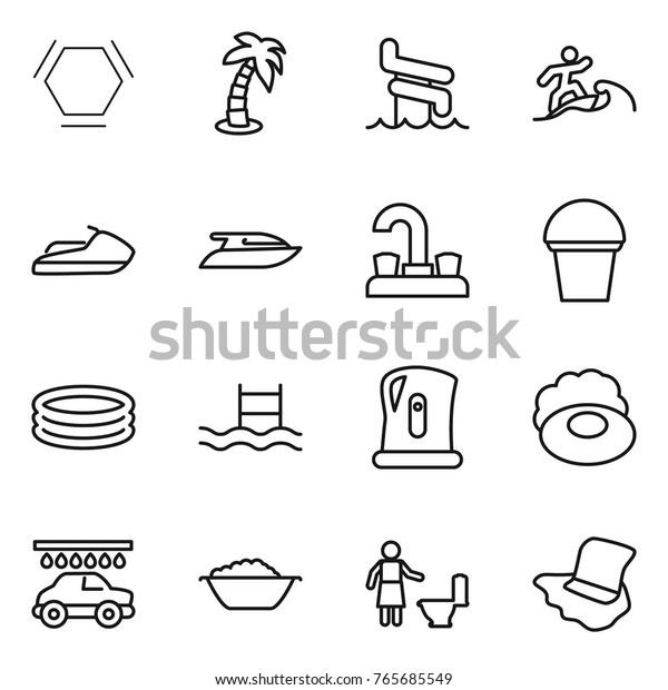 Thin line icon\
set : hex molecule, palm, aquapark, surfer, jet ski, yacht, water\
tap, bucket, inflatable pool, kettle, soap, car wash, foam basin,\
toilet cleaning, floor\
washing