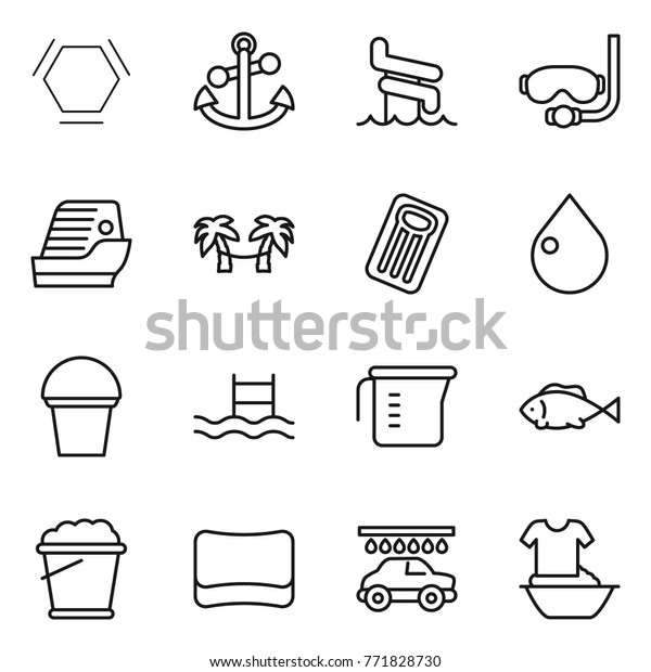 Thin line icon set : hex molecule, anchor,
aquapark, diving mask, cruise ship, palm hammock, inflatable
mattress, drop, bucket, pool, measuring cup, fish, foam, sponge,
car wash, handle washing