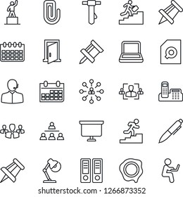 Thin Line Icon Set - hierarchy vector, pedestal, office binder, pen, tie, presentation board, drawing pin, calendar, stamp, paper clip, document search, hr, phone, support, desk lamp, notebook pc