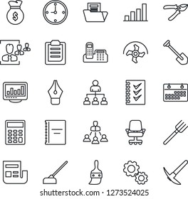 Thin Line Icon Set - hierarchy vector, job, farm fork, ripper, pruner, hoe, themes, clipboard, calendar, copybook, clock, monitor statistics, bar graph, news, document folder, hr, calculator, gear