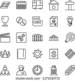 Thin Line Icon Set - hierarchy vector, notepad, bulb, calendar, fence, house, sun, greenhouse, pills, blister, signpost, support, clock, receipt, consolidated cargo, fragile, clapboard, cut, news