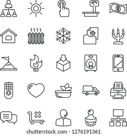 Thin Line Icon Set - hierarchy vector, fire, sun, car delivery, no trolley, package, heavy scales, cell phone, touch screen, dialog, speaker, heart, support, printer, stamp, house, estate document