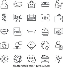 Thin Line Icon Set - hierarchy vector, statistic monitor, house, seedling, patient, term, no hook, camera, network, dialog, speaker, update, user, news, copier, steak, bowl, eye scan, information
