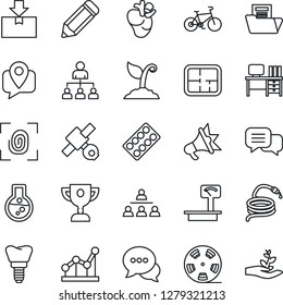 Thin Line Icon Set - hierarchy vector, desk, pencil, sproute, hose, pills blister, bike, real heart, implant, satellite, mobile tracking, package, heavy scales, reel, dialog, document folder, plan