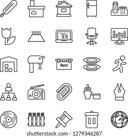Thin Line Icon Set - hierarchy vector, office chair, notebook pc, statistic monitor, house, fireplace, thermometer, run, sea port, tulip, vinyl, radio, drawing pin, paper clip, ink pen, phone, rent