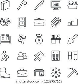 Thin Line Icon Set - hierarchy vector, case, desk, trowel, boot, axe, blood test vial, group, company, monitor statistics, drawing pin, paper clip, bar graph, blank box, manager, meeting, archive