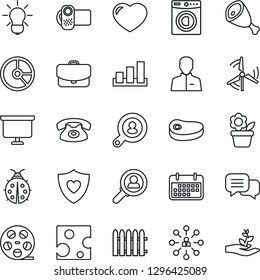 Thin Line Icon Set - hierarchy vector, presentation board, circle chart, flower in pot, fence, lady bug, heart shield, term, sorting, reel, video camera, dialog, user, windmill, client search, phone