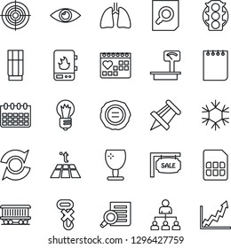 Thin Line Icon Set - hierarchy vector, document search, notepad, drawing pin, bulb, calendar, stamp, lungs, eye, medical, railroad, traffic light, fragile, no hook, heavy scales, sim, update, target