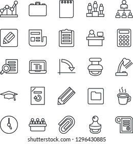 Thin Line Icon Set - hierarchy vector, case, pedestal, document search, graduate, notebook pc, notepad, crisis graph, meeting, manager place, reload, pencil, clipboard, clock, folder, notes, coffee