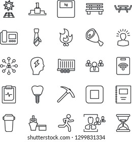 Thin Line Icon Set - hierarchy vector, team, brainstorm, fire, bench, picnic table, scales, run, implant, pulse clipboard, truck trailer, sea port, stop button, copybook, hr, tie, ham, intercome