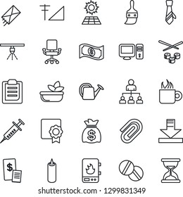 Thin Line Icon Set - hierarchy vector, money bag, watering can, syringe, pills, themes, download, cellular signal, sertificate, clipboard, paper clip, tie, sun panel, coffee, salad, candle, sushi