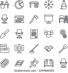 Thin Line Icon Set - hierarchy vector, office chair, desk, trowel, farm fork, hoe, axe, blood test vial, group, themes, calendar, presentation board, drawing pin, paper clip, pie graph, news, tray