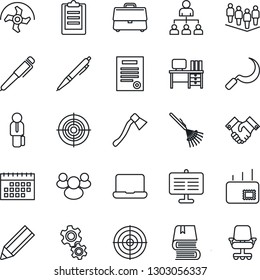 Thin Line Icon Set - hierarchy vector, team, desk, ripper, rake, sickle, axe, group, clipboard, calendar, case, presentation board, target, notebook pc, pencil, handshake, contract, manager, book