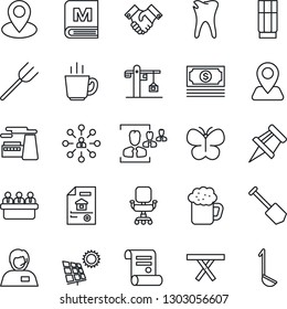 Thin Line Icon Set - hierarchy vector, meeting, job, factory, contract, farm fork, butterfly, picnic table, caries, navigation, pin, cash, support, drawing, hr, office chair, handshake, sun panel