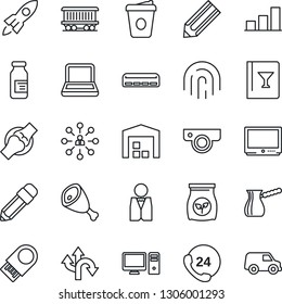Thin Line Icon Set - hierarchy vector, coffee, pencil, fertilizer, ampoule, joint, route, railroad, 24 hours, tv, fingerprint id, bar graph, notebook pc, warehouse, air conditioner, waiter, ham, car