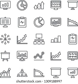 Thin Line Icon Set - hierarchy vector, presentation board, statistic monitor, circle chart, pulse, clipboard, statistics, bar graph, pie, point, arrow up, growth, crisis