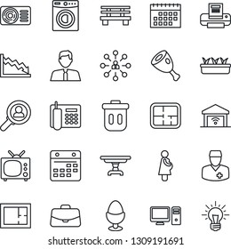 Thin Line Icon Set - hierarchy vector, case, seedling, bench, doctor, pregnancy, calendar, office phone, printer, plan, estate agent, table, washer, air conditioner, tv, egg stand, ham, pc, crisis