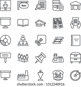 Thin Line Icon Set - hierarchy vector, book, pennant, team, office binder, document search, presentation board, drawing pin, circle chart, plant label, 24 hours, warehouse, news, download, cut, rent