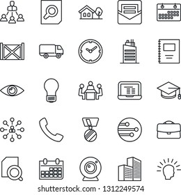 Thin Line Icon Set - hierarchy vector, medal, document search, graduate, notebook pc, bulb, calendar, eye, car delivery, container, call, mail, network, case, copybook, clock, office building, city