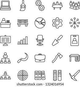 Thin Line Icon Set - hierarchy vector, office chair, team, desk, meeting, trowel, sickle, axe, bench, settings, themes, presentation board, bar graph, pie, identity card, manager, paper binder, book