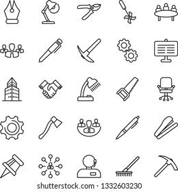 Thin Line Icon Set - hierarchy vector, office chair, meeting, rake, pruner, saw, axe, ripper, settings, company, presentation board, drawing pin, building, ink pen, support, desk lamp, handshake