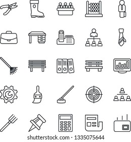 Thin Line Icon Set - hierarchy vector, case, desk, meeting, farm fork, rake, pruner, boot, hoe, bench, themes, root setup, monitor statistics, drawing pin, news, calculator, abacus, office phone