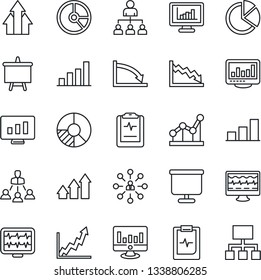 Thin Line Icon Set - hierarchy vector, presentation board, statistic monitor, circle chart, pulse, clipboard, statistics, bar graph, pie, point, arrow up, growth, crisis