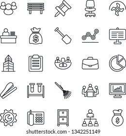 Thin Line Icon Set - hierarchy vector, office chair, case, money bag, job, ripper, rake, bench, blood test vial, group, root setup, clipboard, company, monitor statistics, presentation board, phone