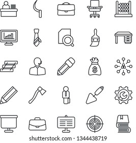 Thin Line Icon Set - hierarchy vector, case, desk, money bag, trowel, sickle, axe, themes, root setup, monitor statistics, presentation board, document search, abacus, office chair, support, manager