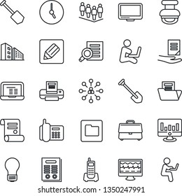 Thin Line Icon Set - hierarchy vector, team, document search, notebook pc, bulb, job, statistic monitor, contract, pulse, office phone, clock, folder, notes, case, printer, stamp, building, man with
