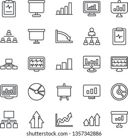 Thin Line Icon Set - hierarchy vector, presentation board, statistic monitor, circle chart, pulse, clipboard, statistics, bar graph, pie, arrow up, growth, crisis