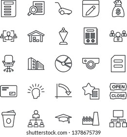 Thin Line Icon Set - hierarchy vector, office chair, pennant, team, document search, graduate, money bag, crisis graph, coffee, lawn mower, favorites list, mail, notes, pie, hr, contract, warehouse