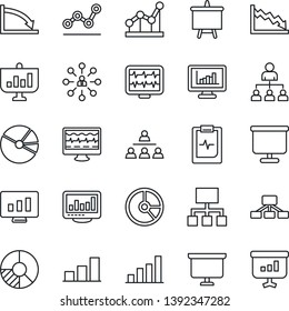 Thin Line Icon Set - hierarchy vector, presentation board, statistic monitor, circle chart, pulse, clipboard, statistics, bar graph, pie, point, crisis