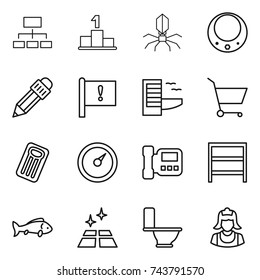 thin line icon set : hierarchy, pedestal, virus, necklace, pencil, important flag, hotel, cart, inflatable mattress, barometer, intercome, rack, fish, clean floor, toilet, cleaner