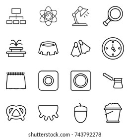 thin line icon set : hierarchy, atom, table lamp, magnifier, fountain, stadium, flippers, watch, curtain, ring button, turk, pretzel, udder, acorn, foam bucket