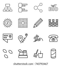 thin line icon set : hierarchy, diagram, molecule, bio, sun power, cpu, pencil, palace, location details, route, surfer, phone, seeds, harvester, bucket and broom, cleanser powder