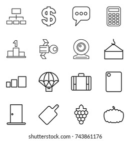 thin line icon set : hierarchy, dollar, message, calculator, pedestal, satellite, web cam, loading crane, sorting, parachute delivery, suitcase, cutting board, door, grape, pumpkin
