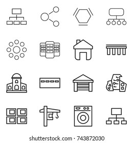 thin line icon set : hierarchy, molecule, hex, structure, round around, server, home, bridge, mansion, bunker, garage, modern architecture, panel house, tower crane, washing machine