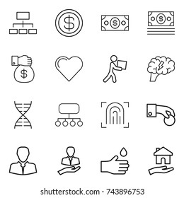 thin line icon set : hierarchy, dollar, money, gift, heart, courier, brain, dna, structure, fingerprint, hand coin, client, drop, housing