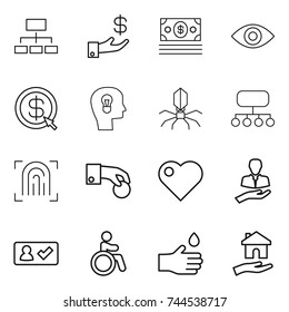 thin line icon set : hierarchy, investment, money, eye, dollar arrow, bulb head, virus, structure, fingerprint, hand coin, heart, client, check in, invalid, drop, housing